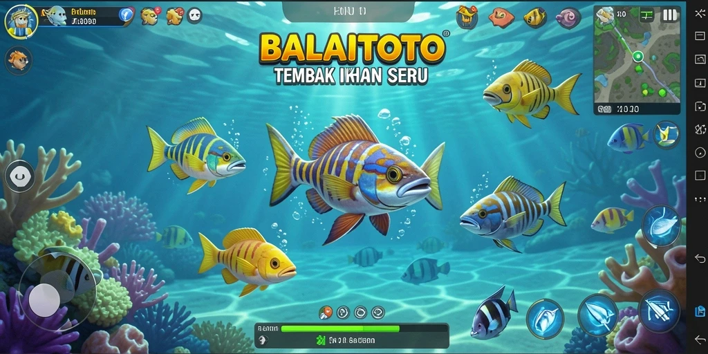 Screenshot utama menunjukkan aksi tembak ikan yang seru di BALAITOTO.
