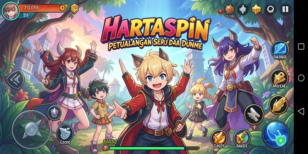 Tampilan screenshot utama HARTASPIN dengan karakter anime yang menakjubkan.