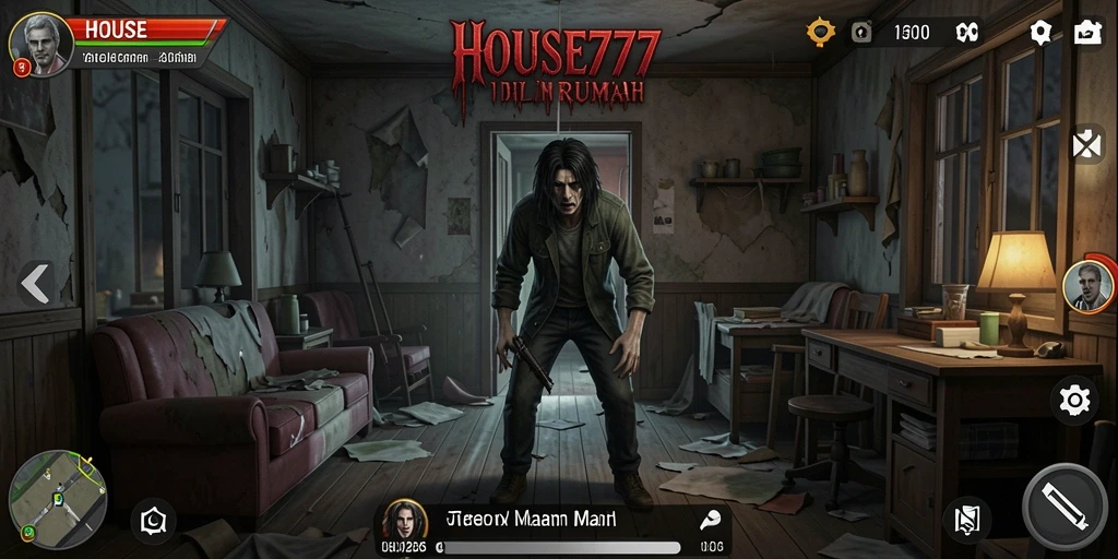 Gameplay <strong>HOUSE777</strong> menunjukkan suasana mencekam di dalam rumah angker.