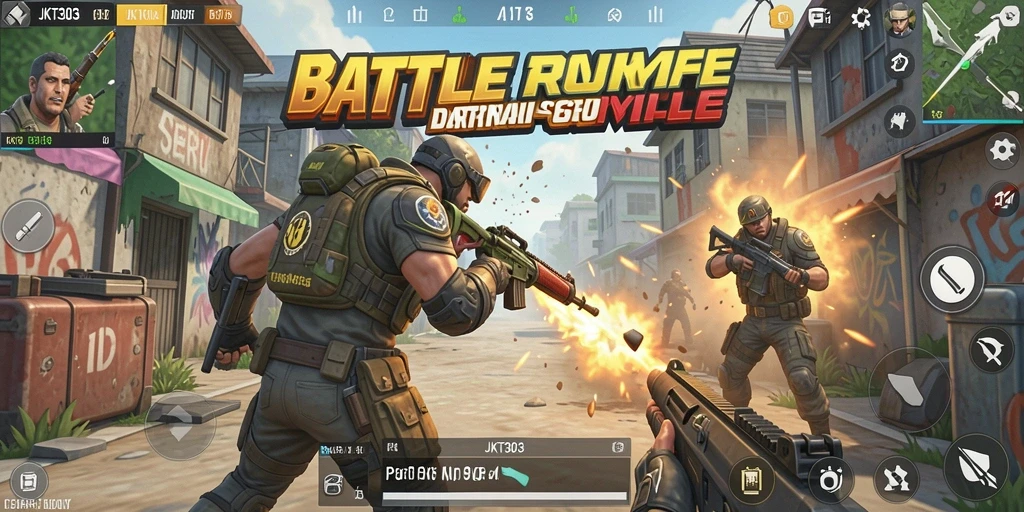 Tangkapan layar utama JKT303 menampilkan aksi Battle Royale yang mendebarkan.