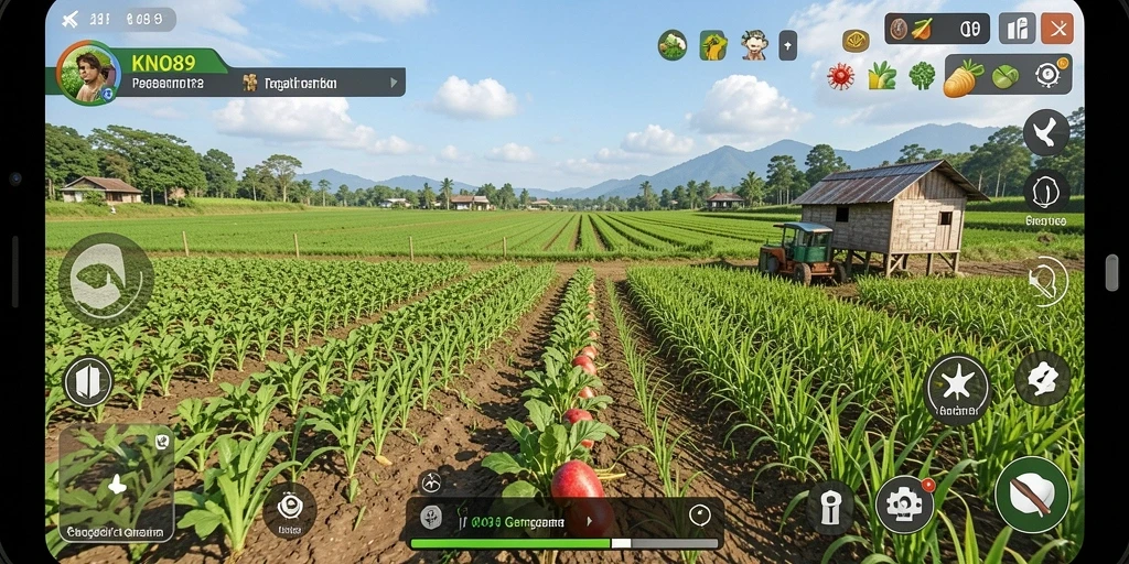 Tampilan gameplay KNO89 yang menampilkan kebun yang rimbun dan berwarna-warni.