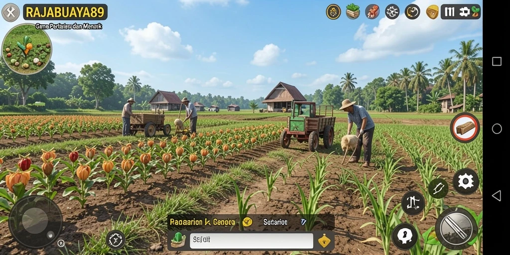 Tampilan gameplay menarik dari RAJABUAYA89 yang menunjukkan aktivitas bertani.