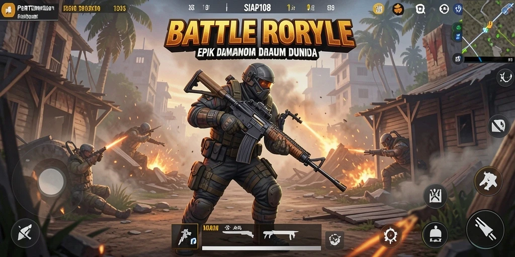 Screenshot SIAP108 menampilkan aksi pertempuran intens di arena Battle Royale.