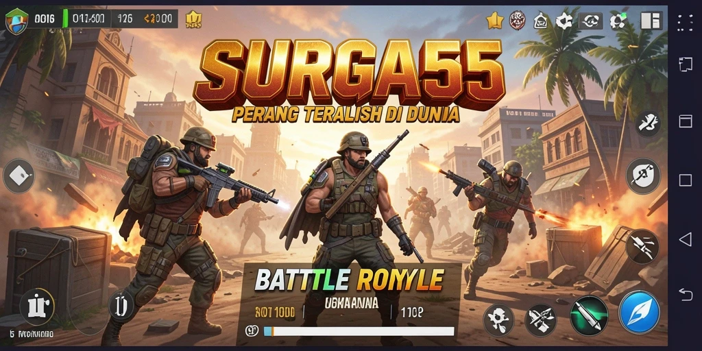 Gameplay intens SURGA55 menampilkan aksi Battle Royale seru.