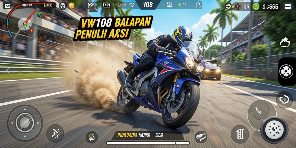 Screenshot gameplay VW108 menampilkan aksi balapan motor yang mendebarkan.